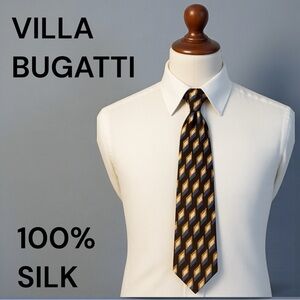 Villa Bugatti 100% Italian Silk Geometric Pattern Tie Brown Blue Gold